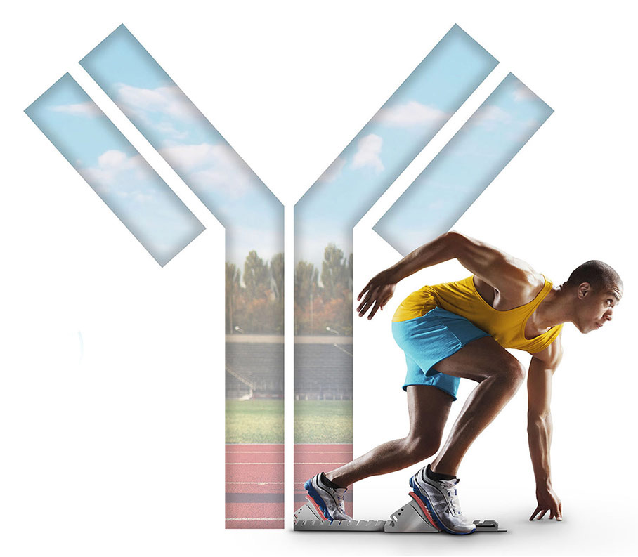 A black male runner at the starting line of a race, waiting in crouch position against the background of the running track in a shape of an antibody. 
