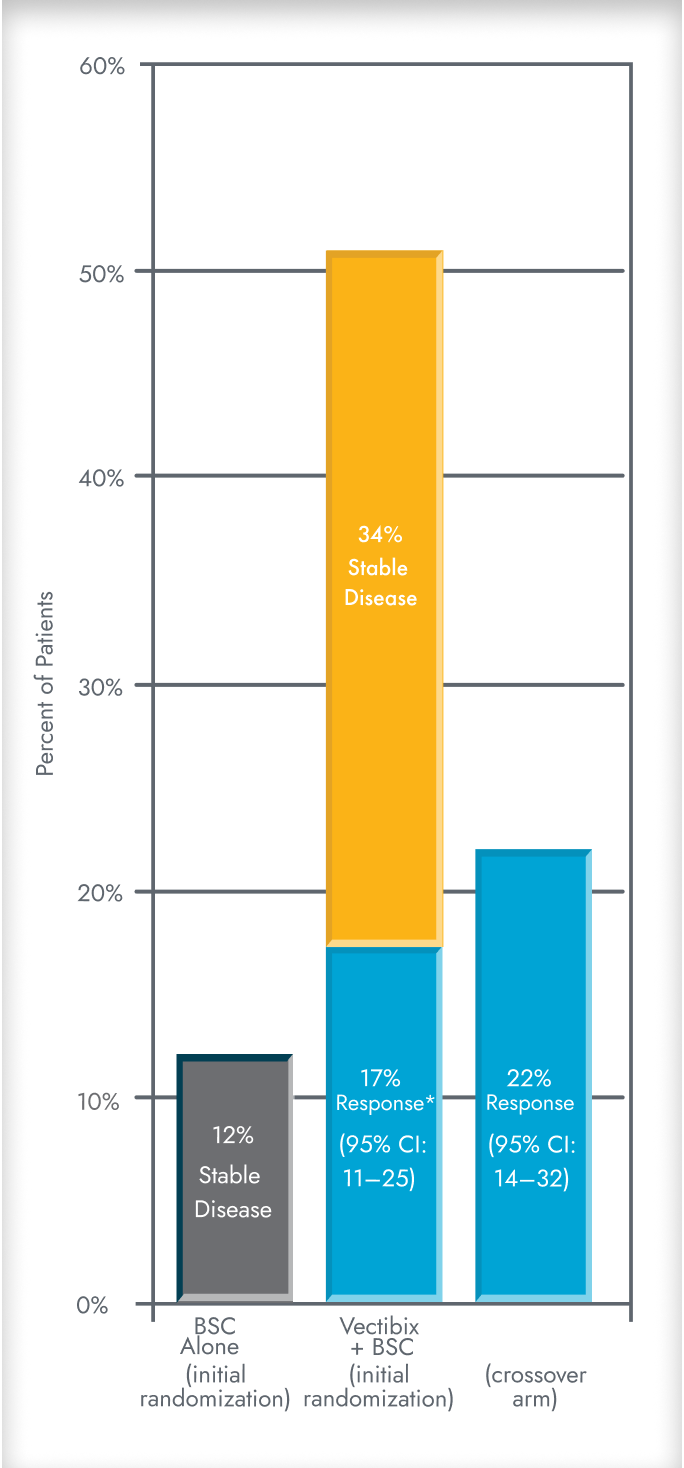 Treatment responses in the wild-type KRAS mCRC patient population. Key results of overall response rate (ORR), which consists of complete and partial response, and stable disease rates for Vectibix + BSC and BSC alone treatment arms. 
Proportion of patients in the original randomization subset that achieved response rates for BSC alone or Vectibix + BSC treatment arms. Response rate in patients that crossed over to VECTIBIX after progression on BSC alone.
Percent of patients with response rates from 0 to 60 percent.
ORR in BSC alone arm (after initial randomization): 12% of patients demonstrated stable disease. 
ORR in Vectibix + BSC arm: 17% (9/124) of patients demonstrated partial response and 34% demonstrated stable disease.1,4   
ORR in Vectibix + BSC crossover treatment arm:  22% of patients demonstrated treatment response, with 1/91 of patients achieving complete response and 19/91 patients demonstrating partial response rates.4 
