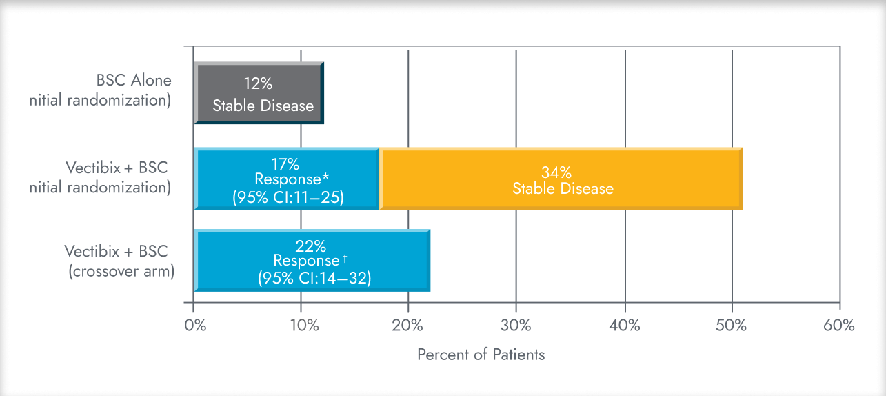Treatment responses in the wild-type KRAS mCRC patient population. Key results of overall response rate (ORR), which consists of complete and partial response, and stable disease rates for Vectibix + BSC and BSC alone treatment arms. 
Proportion of patients in the original randomization subset that achieved response rates for BSC alone or Vectibix + BSC treatment arms. Response rate in patients that crossed over to VECTIBIX after progression on BSC alone.
Percent of patients with response rates from 0 to 60 percent.
ORR in BSC alone arm (after initial randomization): 12% of patients demonstrated stable disease. 
ORR in Vectibix+ BSC arm: 17% (9/124) of patients demonstrated partial response and 34% demonstrated stable disease.1,4   
ORR in Vectibix + BSC crossover treatment arm:  22% of patients demonstrated treatment response, with 1/91 of patients achieving complete response and 19/91 patients demonstrating partial response rates.4 
