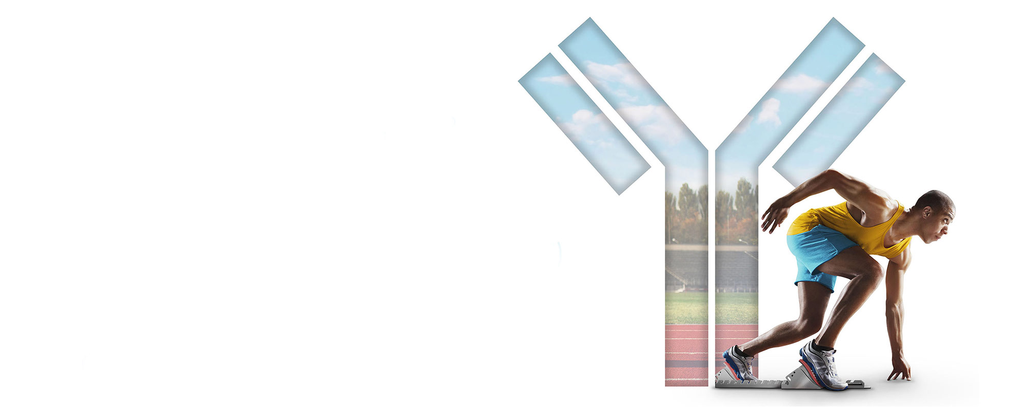 Un coureur de race noire sur la ligne de départ d’une course, attendant en position accroupie sur fond de piste de course en forme d’anticorps. 