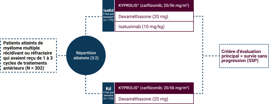 Les patients atteints de myélome multiple récidivant ou réfractaire qui avaient reçu 1 à 3 traitements antérieurs (N = 302) ont été répartis aléatoirement selon un rapport 3:2 dans 1 des 2 groupes : IsaKd 2 fois par semaine* (n = 179) qui consistait en KYPROLIS® (carfilzomib; 20/56 mg/m²) et dexaméthasone (20 mg) et isatuximab (10 mg/kg) ou Kd deux fois par semaine* (n = 123) comprenant KYPROLIS® (carfilzomib; 20/56 mg/m²) et la dexaméthasone (20 mg). Le critère d’évaluation principal était la survie sans progression (SSP).